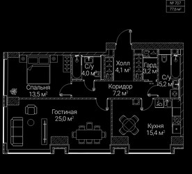 Планировка двухкомнатной(квартира) площадью 77.6 квадратных метров в ЖК “ЖК СЕЗАР БУДУЩЕЕ”