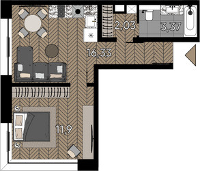 Планировка однокомнатной(квартира) площадью 35.98 квадратных метров в ЖК “ЖК Зорге 9”