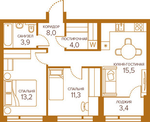 Планировка двухкомнатной(квартира) площадью 57.63 квадратных метров в ЖК “ЖК Champine (Шампайн)”