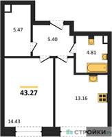 Планировка однокомнатной(квартира) площадью 43.27 квадратных метров в “ЖК Sezar City (Сезар Сити)”