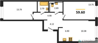 Планировка двухкомнатной(квартира) площадью 59.6 квадратных метров в “ЖК Новое Внуково”