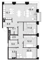 Планировка 4+ комнатной(квартира) площадью 114.7 квадратных метров в “ЖК Wellton Gold (Велтон Голд)”