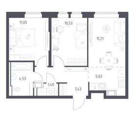Планировка двухкомнатной(квартира) площадью 51.75 квадратных метров в ЖК “ЖК Большое Путилково”