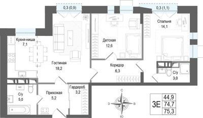 Планировка трехкомнатной(квартира) площадью 74.8 квадратных метров в ЖК “ЖК КИНОКВАРТАЛ”