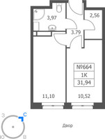 Планировка однокомнатной(апартаменты) площадью 31.94 квадратных метров в “ЖК Волковская 67”