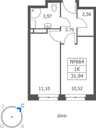 Планировка однокомнатной(апартаменты) площадью 31.94 квадратных метров в ЖК “ЖК Волковская 67”