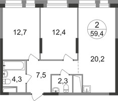 Планировка двухкомнатной(квартира) площадью 59.4 квадратных метров в “ЖК Первый Московский”
