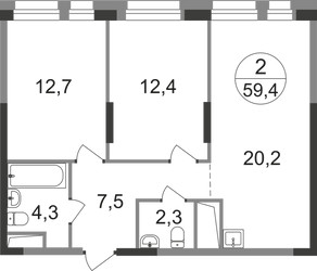 Планировка двухкомнатной(квартира) площадью 59.4 квадратных метров в ЖК “ЖК Первый Московский”