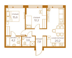 Планировка двухкомнатной(квартира) площадью 64 квадратных метров в “ЖК Champine (Шампайн)”