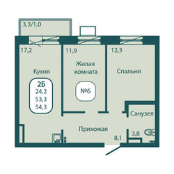 Планировка двухкомнатной(квартира) площадью 54.3 квадратных метров в “ЖК Андреевка Life (Андреевка Лайф)”