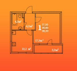Планировка однокомнатной(квартира) площадью 38.3 квадратных метров в ЖК “ЖК Метелица”