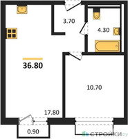 Планировка однокомнатной(квартира) площадью 36.8 квадратных метров в “ЖК Равновесие”
