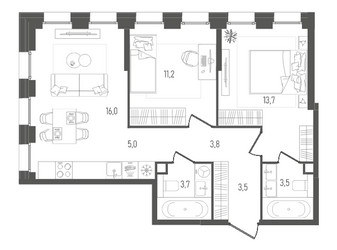 Планировка двухкомнатной(квартира) площадью 60.4 квадратных метров в ЖК “ЖК Pave (Пэйв)”