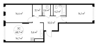 Планировка трехкомнатной(квартира) площадью 68.7 квадратных метров в “ЖК Переделкино Ближнее”