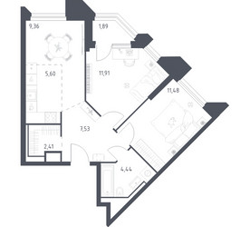Планировка двухкомнатной(апартаменты) площадью 54.62 квадратных метров в ЖК “ЖК Скай Спутник”