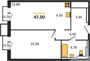Планировка однокомнатной(квартира) площадью 46.97 квадратных метров в “ЖК Sky Sputnik (Скай Спутник)”