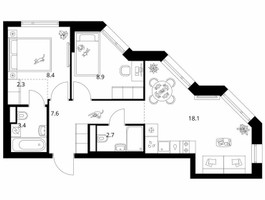 Планировка двухкомнатной(квартира) площадью 51.4 квадратных метров в “ЖК Руставели 14”