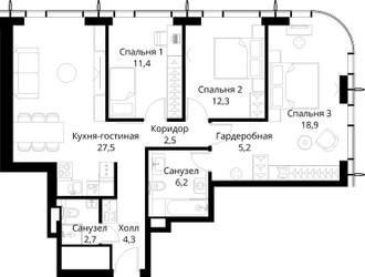Планировка трехкомнатной(квартира) площадью 91 квадратных метров в ЖК “ЖК Сити Бэй”