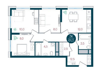 Планировка трехкомнатной(квартира) площадью 61 квадратных метров в ЖК “ЖК РУСИЧ-Кантемировский”