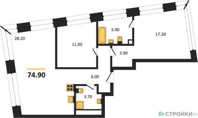 Планировка двухкомнатной(квартира) площадью 74.9 квадратных метров в ЖК “ЖК Ракурс”