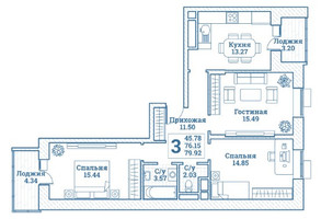 Планировка трехкомнатной(квартира) площадью 79.92 квадратных метров в “ЖК Новоград Монино”