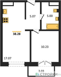 Планировка однокомнатной(квартира) площадью 38.28 квадратных метров в ЖК “ЖК Одинбург”