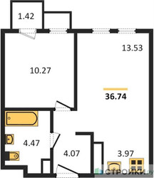 Планировка однокомнатной(квартира) площадью 36.74 квадратных метров в ЖК “ЖК Молжаниново”