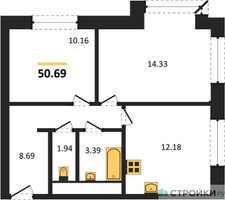 Планировка двухкомнатной(квартира) площадью 50.69 квадратных метров в “ЖК Городские Истории”