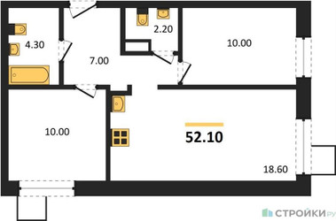 Планировка двухкомнатной(квартира) площадью 52.1 квадратных метров в ЖК “ЖК Лесная Отрада”