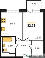 Планировка однокомнатной(квартира) площадью 32.72 квадратных метров в “ЖК Прибрежный Парк”