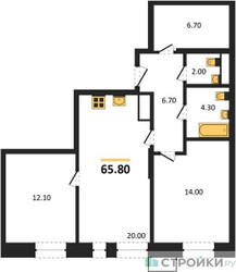 Планировка двухкомнатной(квартира) площадью 65.8 квадратных метров в ЖК “ЖК Первый Московский”