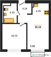 Планировка однокомнатной(квартира) площадью 35.13 квадратных метров в “ЖК Пригород Лесное”