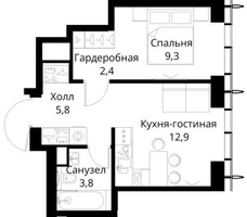 Планировка однокомнатной(квартира) площадью 34.2 квадратных метров в “ЖК Сити Бэй”