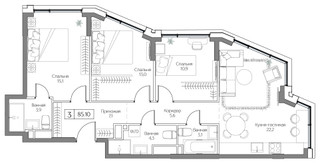 Планировка трехкомнатной(квартира) площадью 85 квадратных метров в “ЖК Дрим Рива”