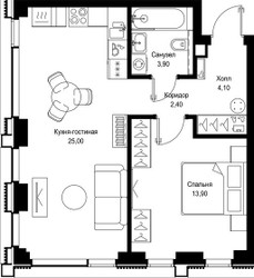Планировка однокомнатной(квартира) площадью 49.3 квадратных метров в ЖК “Мультиквартал СИТИДЗЕН”
