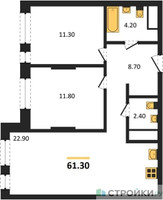 Планировка двухкомнатной(квартира) площадью 61.3 квадратных метров в “ЖК Первый Московский”