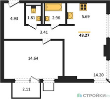 Планировка однокомнатной(квартира) площадью 48.27 квадратных метров в “ЖК Пригород Лесное”