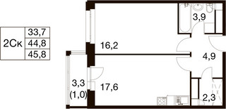Планировка однокомнатной(квартира) площадью 44.2 квадратных метров в “ЖК Идеал”