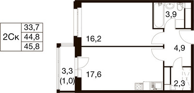 Планировка однокомнатной(квартира) площадью 44.2 квадратных метров в ЖК “ЖК Идеал”