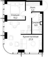 Планировка однокомнатной(квартира) площадью 49.4 квадратных метров в “ЖК Сити Бэй”