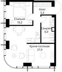Планировка однокомнатной(квартира) площадью 49.4 квадратных метров в ЖК “ЖК Сити Бэй”