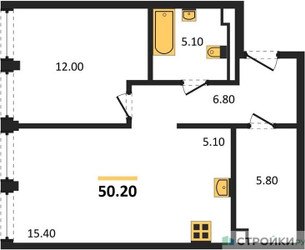 Планировка однокомнатной(квартира) площадью 50.2 квадратных метров в ЖК “ЖК INJOY (Инджой)”