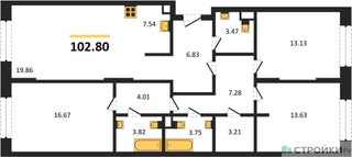 Планировка трехкомнатной(квартира) площадью 102.8 квадратных метров в “ЖК iLove (АйЛав)”