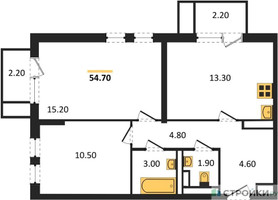 Планировка двухкомнатной(квартира) площадью 54.7 квадратных метров в “ЖК Мытищи Парк”