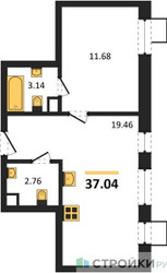 Планировка однокомнатной(квартира) площадью 37.04 квадратных метров в ЖК “ЖК CitiMix Новокосино (Ситимикс Новокосино)”