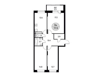 Планировка трехкомнатной(квартира) площадью 77.9 квадратных метров в ЖК “ЖК Солнечная долина (Щёлково)”