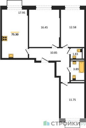 Планировка трехкомнатной(квартира) площадью 75.3 квадратных метров в ЖК “ЖК Квартал Домашний”