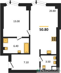Планировка однокомнатной(квартира) площадью 50.8 квадратных метров в ЖК “ICE TOWERS (Айс Тауэрс)”