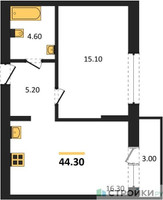 Планировка однокомнатной(квартира) площадью 44.3 квадратных метров в “ЖК Первый квартал”