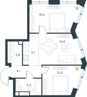 Планировка трехкомнатной(квартира) площадью 59.9 квадратных метров в “ЖК Левел Мичуринский”